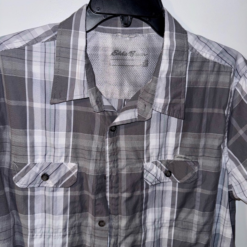 Eddie Bauer Men's Charcoal and White Plaid Shirt Size L